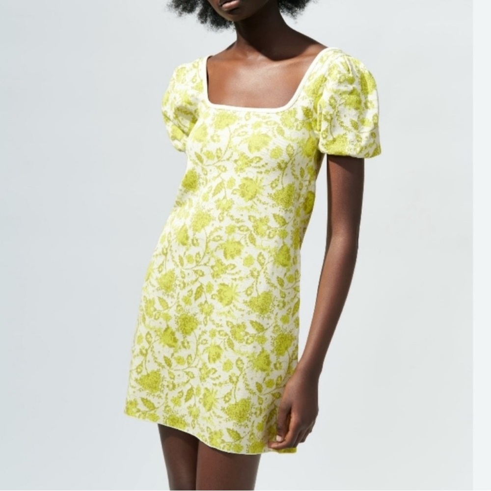 Zara Lime Floral Square-Neck Puff Sleeve Mini Dress